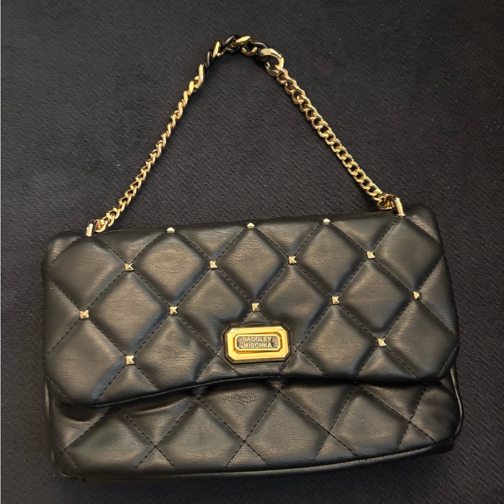 Badgley Mischka Black Quilted Studded Crissbody Bag/Purse